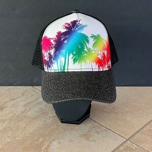 Colorful Rainbow Palm Tree Sparkle Bill Trucker Hat NWT